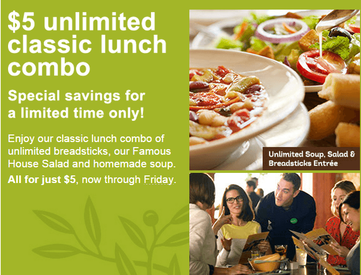 Olive Garden 5 Unlimited Classic Lunch Combo Kids Eat Free
