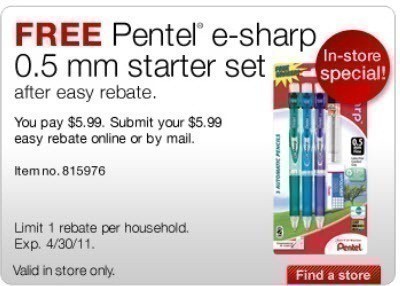 Staples: FREE Batteries, Pentel e-sharp Starter Set & Pop-Up Dispenser after Easy Rebate!