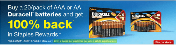 Staples: 2 FREE 20-ct Duracell Batteries After Staples Rewards (thru 04/30)