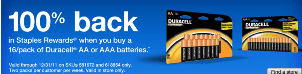 Staples: (2) 16 pks of Duracell Batteries FREE after 100% Rewards (Weekly 11/25–12/31)