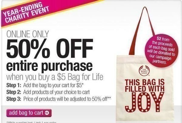 The Body Shop: 50% off Site Wide with Charity Bag Purchase of just $5 (thru 12/29)