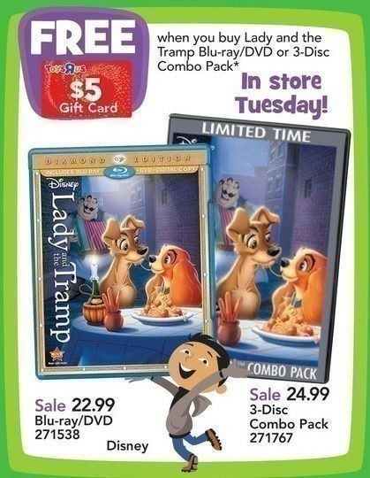 Toys R Us: Lady & the Tramp 3 Disc Combo $16.99 + FREE $5 Gift Card