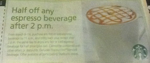 Starbucks: Buy 1 Get 1 for 50% off (03/08–03/14)