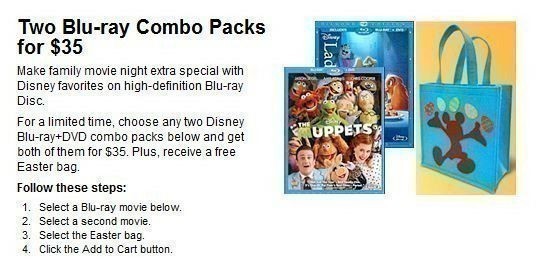 Best Buy: 2 Disney Blu ray Combo Packs + Disney Easter Bag $35 + FREE Ship