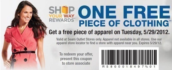 Shop your Way Rewards Members: FREE Piece of Clothing Today 5/29 (Sears Outlet Only)