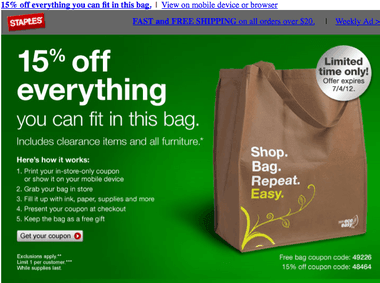 Staples–15% off + FREE Eco Tote Bag