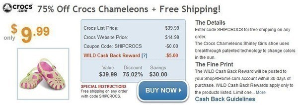 Crocs Chameleons + Jibbitz $9.99 + FREE Shipping (Shop at Home Offer)