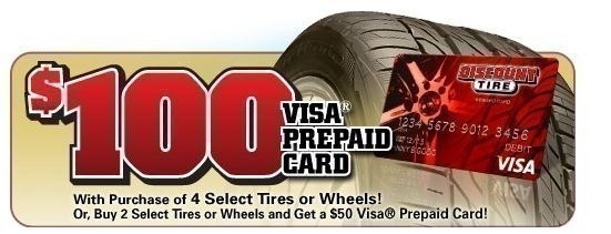 Discount Tire: $100 Prepaid Visa Rebate wyb (4) Tires or Wheels (8/31 to 9/3)