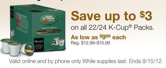 Staples: Tullys, Green Mountain K-Cups $9.99 for 24 pk ($.41 ea.) + FREE Ship to Store