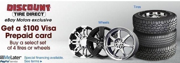 Discount Tire: $100 Visa Prepaid Card with 4 Wheels AND/OR 4 Tire Purchase (Stackable)