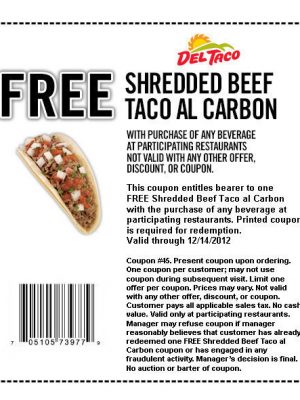 Free Shredded Beef Taco Al Carbon With Drink Purchase at Del Taco