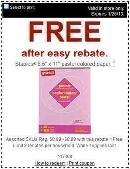 Staples: Pick up FREE Pastel Paper + FREE Multipurpose Paper (thru 1/26)