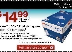 Staples: 10 Ream Case Paper $14.99 + NEW $5/$25 Coupon