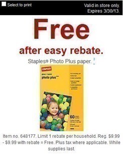 *Ends Today* Staples: FREE Photo Plus Paper and Ream of Multipurpose Paper (after Rebate)