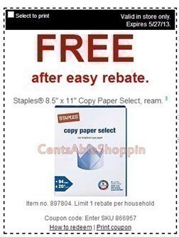 Staples: FREE Ream of 8.5×11 Copy Paper through 5/27 (After Rebate)