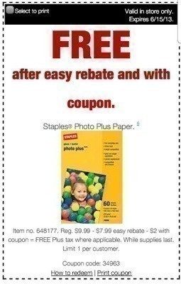 Staples: Photo Plus Paper FREE after Rebate + Coupon thru 6/15 ($9.99 Value)