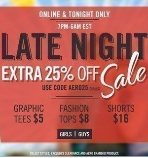 Aeropostale: Late Night Sale ~ Extra 25% off (thru 6 a.m. EST)