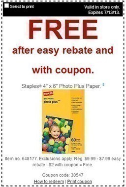 Staples: FREE 4×6 Photo Plus Paper (thru 7/13)