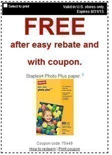 Staples: FREE Copy Paper and Photo Paper after Rebate + Coupon (thru 8/31)