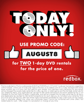 Redbox: Rent 1 DVD get 1 FREE (Today 8/8 Only)