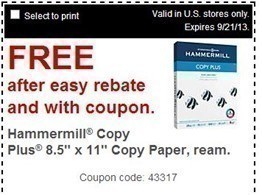 Staples: FREE Hammermil Copy Paper through 9/21 (After Coupon + Rebate)