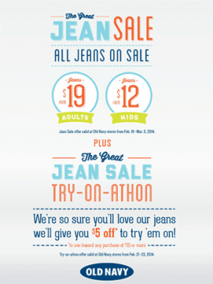 Old Navy Jean Sale: As low as $12 (+ Score $5 off $35 Jean Purchase)