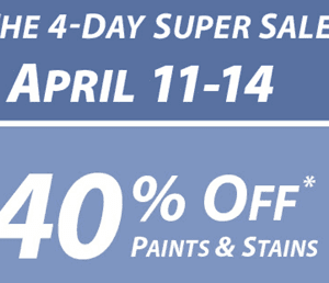 Sherwin Williams 4 Day Sale | 40% off Paints & Stains + $10 off $50 Purchase (4/11 – 4/14))