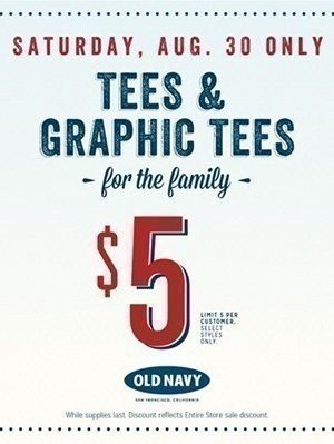 Old Navy:  Tees & Graphic Tees for the Family just $5 {8/30}