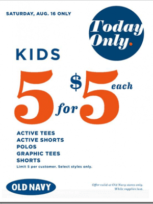 Old Navy: 5 Kids Items for $5 each {8/16 Only}