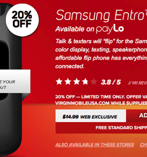 TopCashBack:  FREE Samsung Entro Cell Phone + $23 Profit {NO Contract or Service Plan Required}