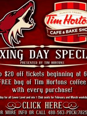 Arizona Coyotes: Up to $20 off Tickets + FREE Tim Horton’s Coffee