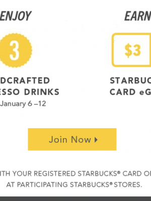 Starbucks Rewards Members: Earn a $3 Starbucks eGift with 3 Handcrafted Espresso Drinks