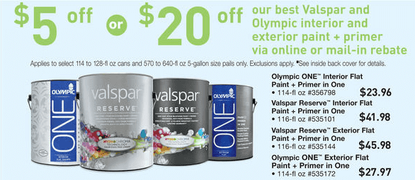 Lowe’s: $5 or $20 Rebate Offer on Valspar & Olympic Interior Paint