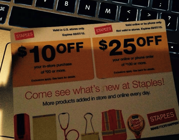 Staples: $10 off $20 Mailed Coupon (In-Store ONLY)