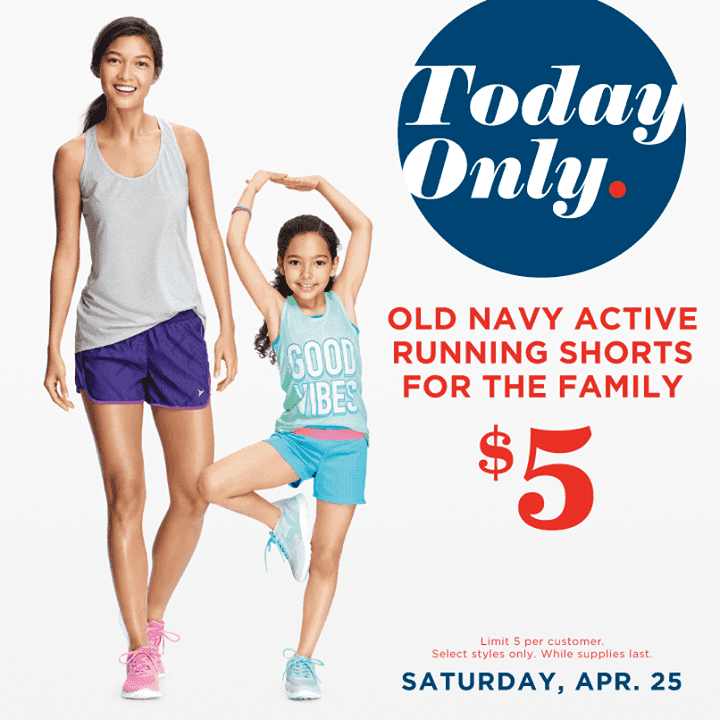 Old Navy: Active Running Shorts for the Family $5 ~ Today ONLY