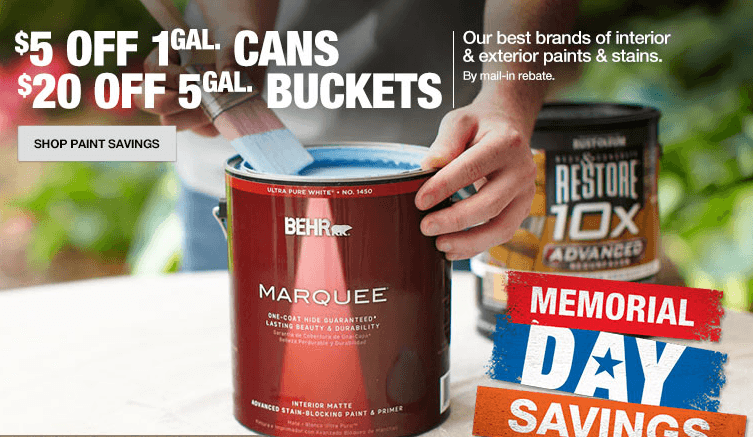 Home Depot Memorial Day Paint Savings: Up to $20 off Select Paint via Rebate