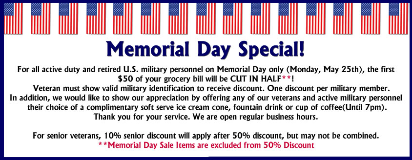 American Discount Foods: 50% OFF the first $50 of your Grocery Bill on May 25th {Active Duty and Retired Military}