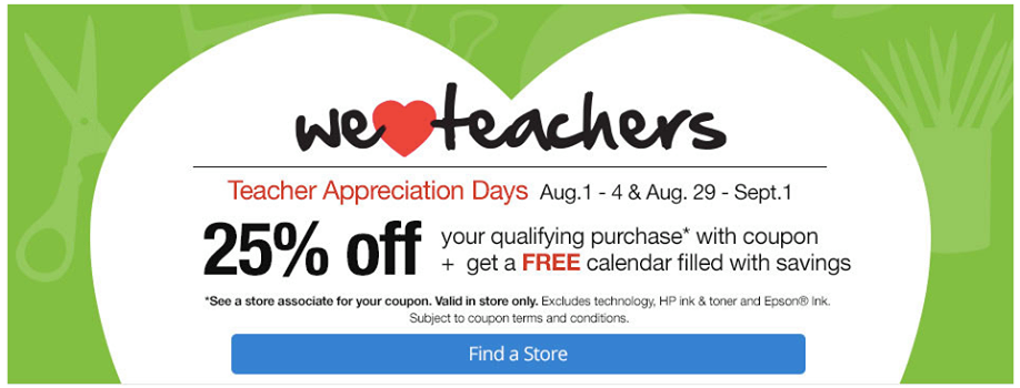 Office Max: Teacher Appreciation Days August 29th – September 1st