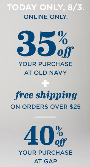 Old Navy: 35% OFF Purchase + FREE Ship on $25 | Maternity Items as low as $4.99
