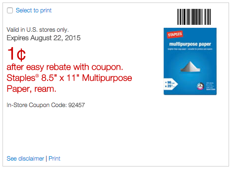 Staples: 8.5×11 Multipurpose Paper Ream just $.01