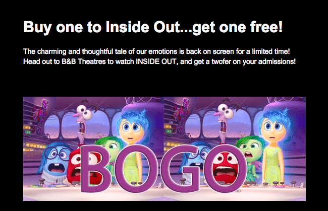 B&B Theaters: Buy 1 Get 1 FREE Admission to Inside Out