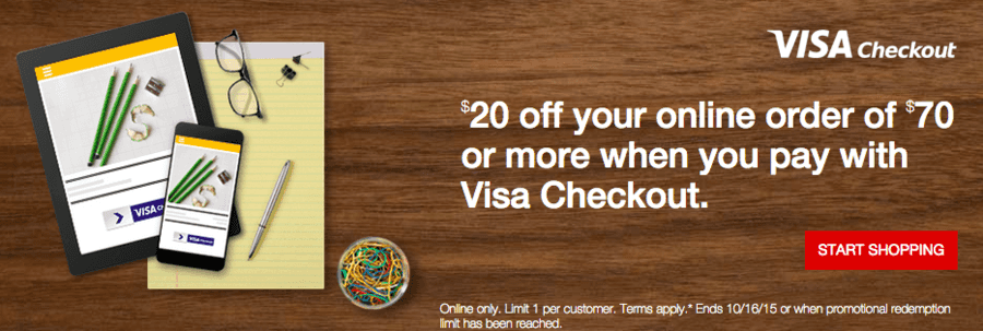 Staples: $20 off $70 Online Order with Visa Checkout
