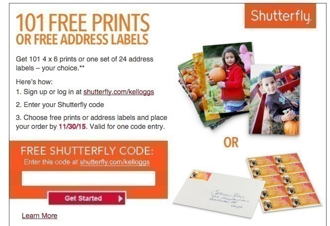 Kellogg’s Family Rewards Members: 101 FREE Prints or Labels from Shutterfly