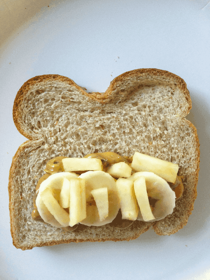 Kids Themed Peanut Butter, Banana, Apple, Cinnamon, & Raisin Sandwich