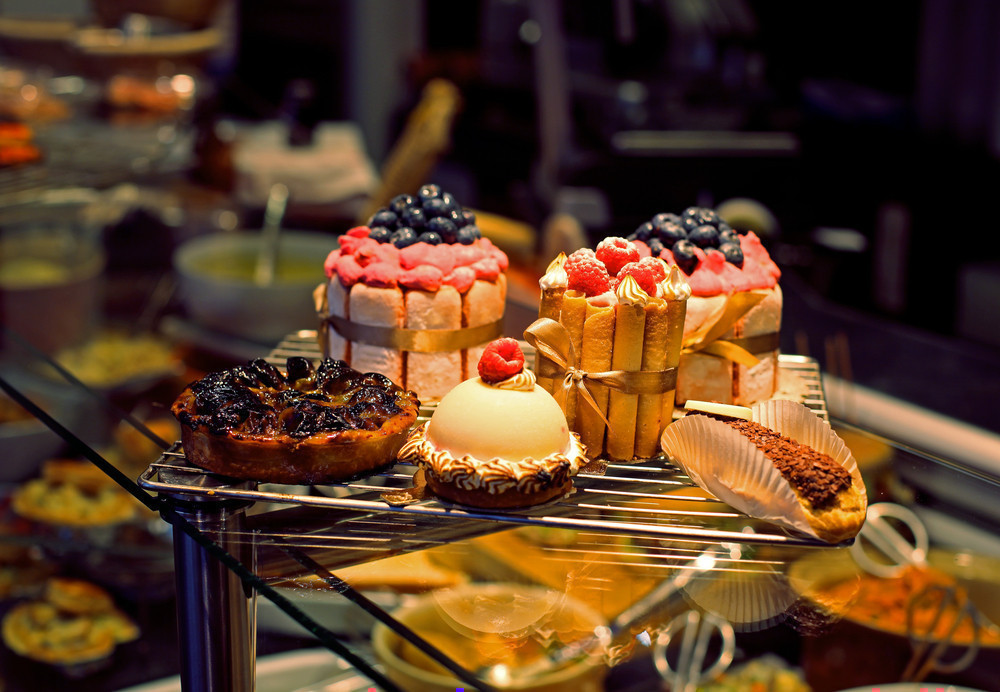 cakes in a shop window