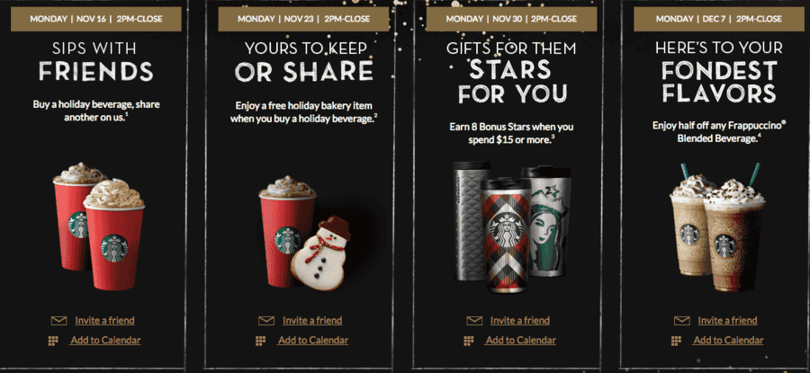 Starbucks:  Merry Mondays (11/16 – 12/7)