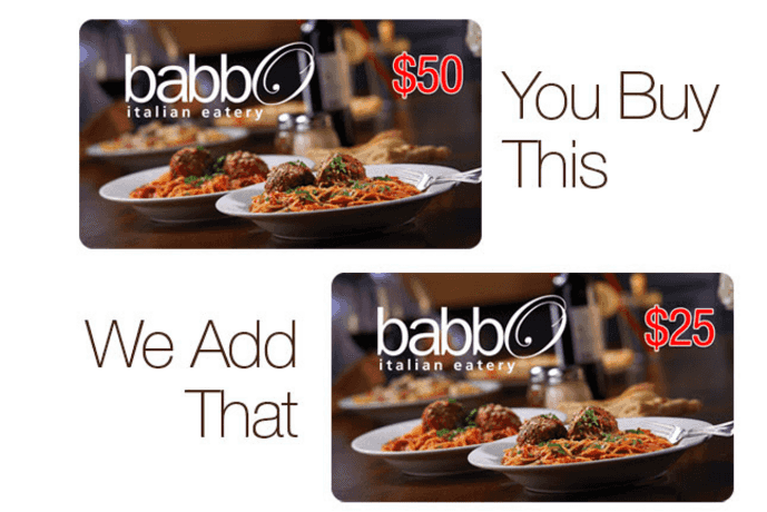 babbo Italian Eatery: BONUS $25 Gift Card with $50 Gift Card Purchase
