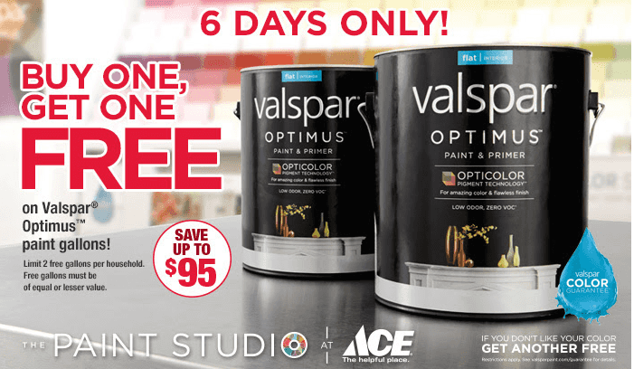 Ace Hardware: Buy 1 Get 1 FREE Valspar Optimus Paint Gallons