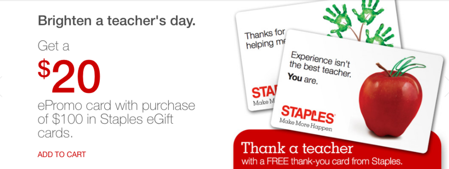 Staples: $20 ePromo Card with Gift Card Purchase +  $.01 Paper
