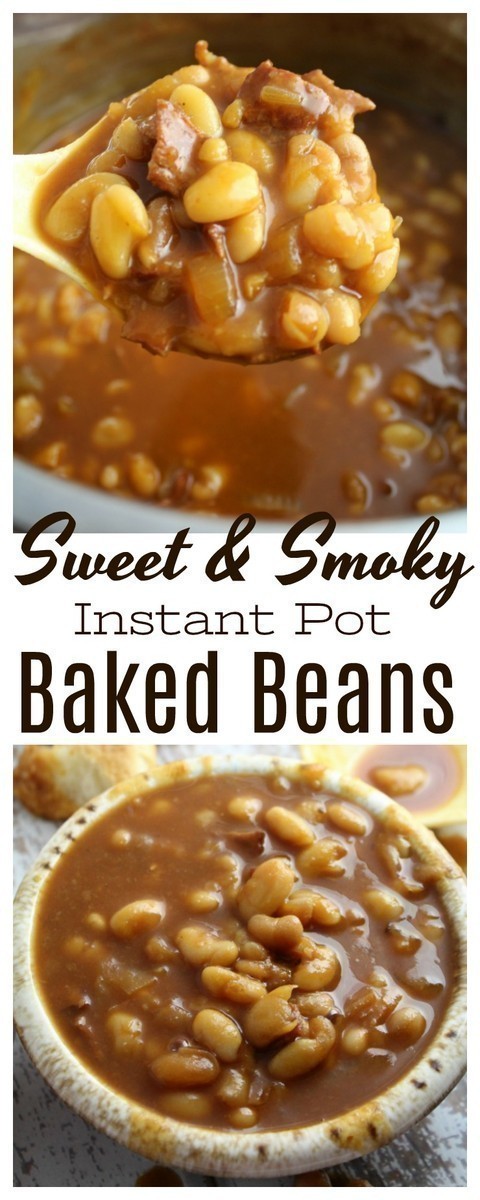 Homemade sweet and smoky baked beans from scratch in a thick, sweet and sticky sauce, perfect for all of your favorite get togethers or summer cookouts! #beans #bakedbeans #InstantPot #PressureCooker #sidedish 